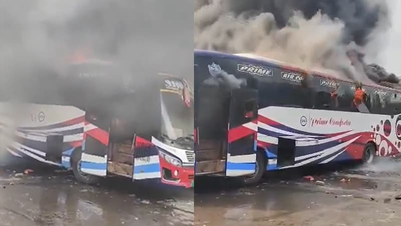 মহাখালীতে এসি বাসে আগুন মহাখালীতে এসি বাসে আগুন